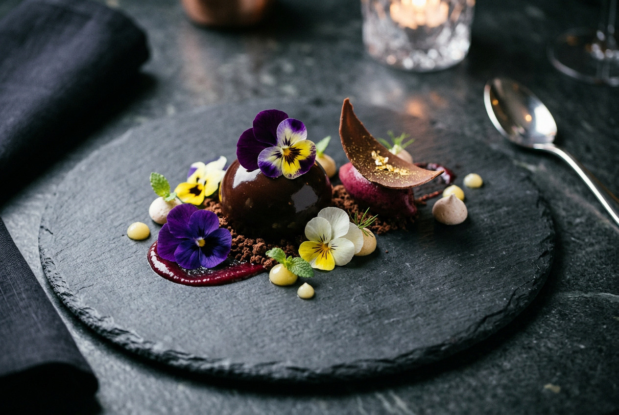 Edible flowers on plated dessert