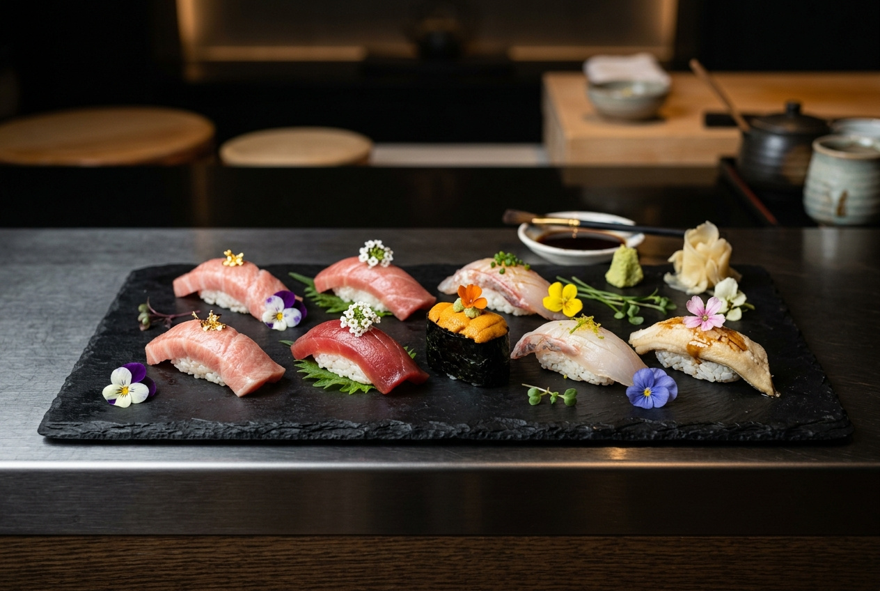 Edible flowers on sushi plating
